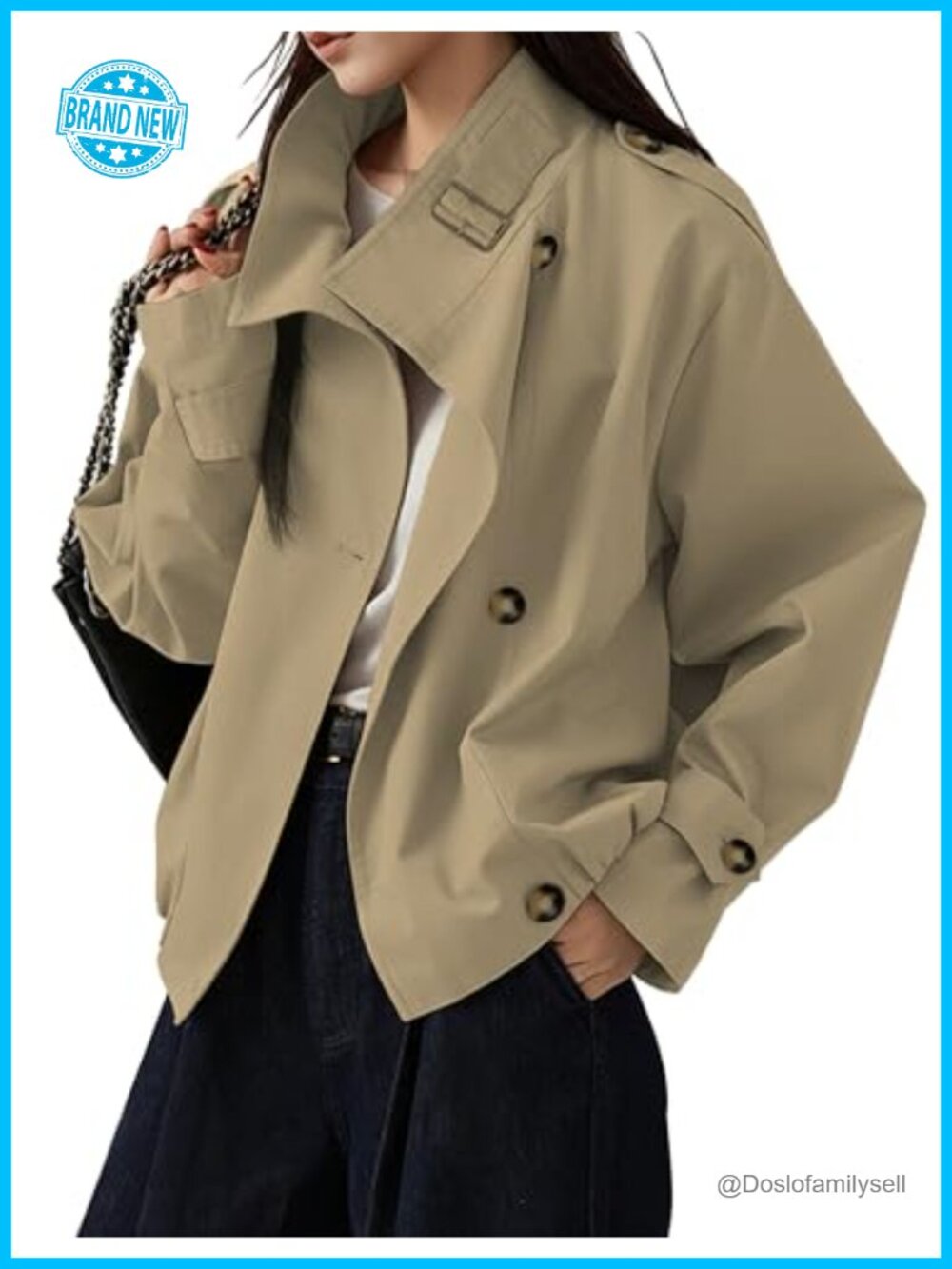 Womens Vintage Trench Coat Cropped Funnel Neck Cotton Blend Lightweight
